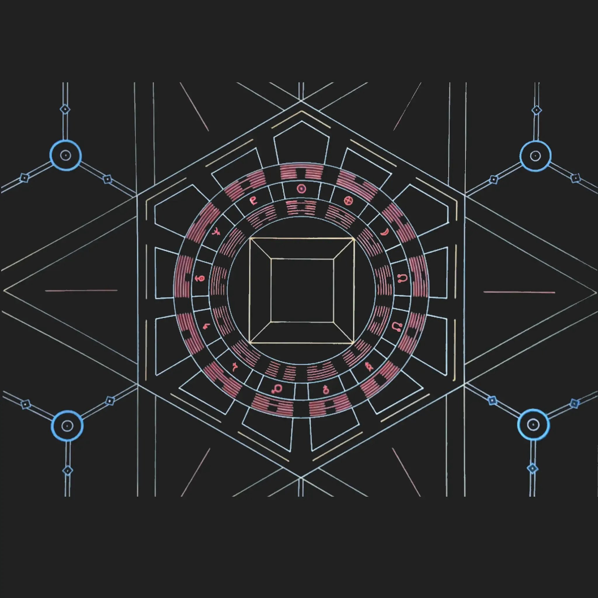 Soul Geometry 'Expansion': hand-drawn Human Design chart in sacred geometry on black paper, a light-blue hexagon with a ring of red gate lines, a square at the centre and four blue nodes in the corners