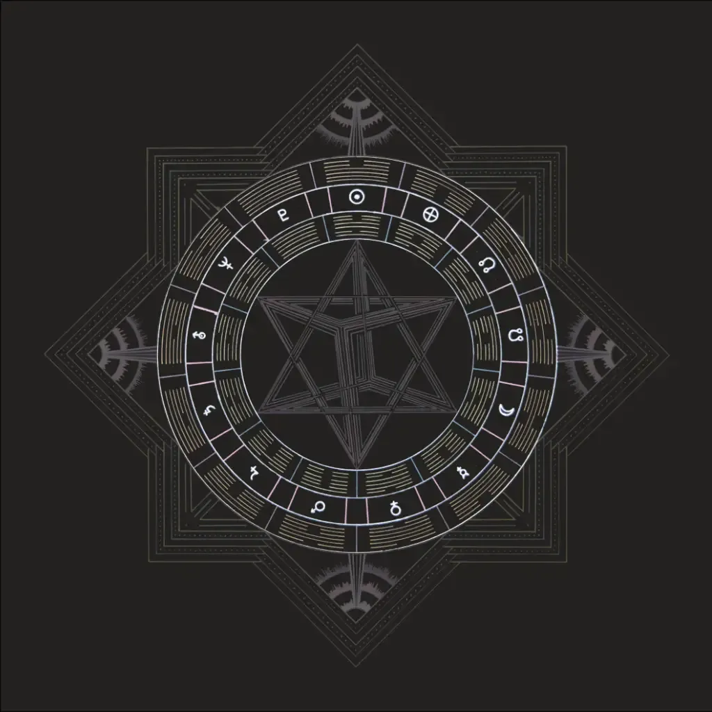 Soul Geometry ‘Fire Phoenix’ with the two rings of hexagrams and planet symbols highlighted