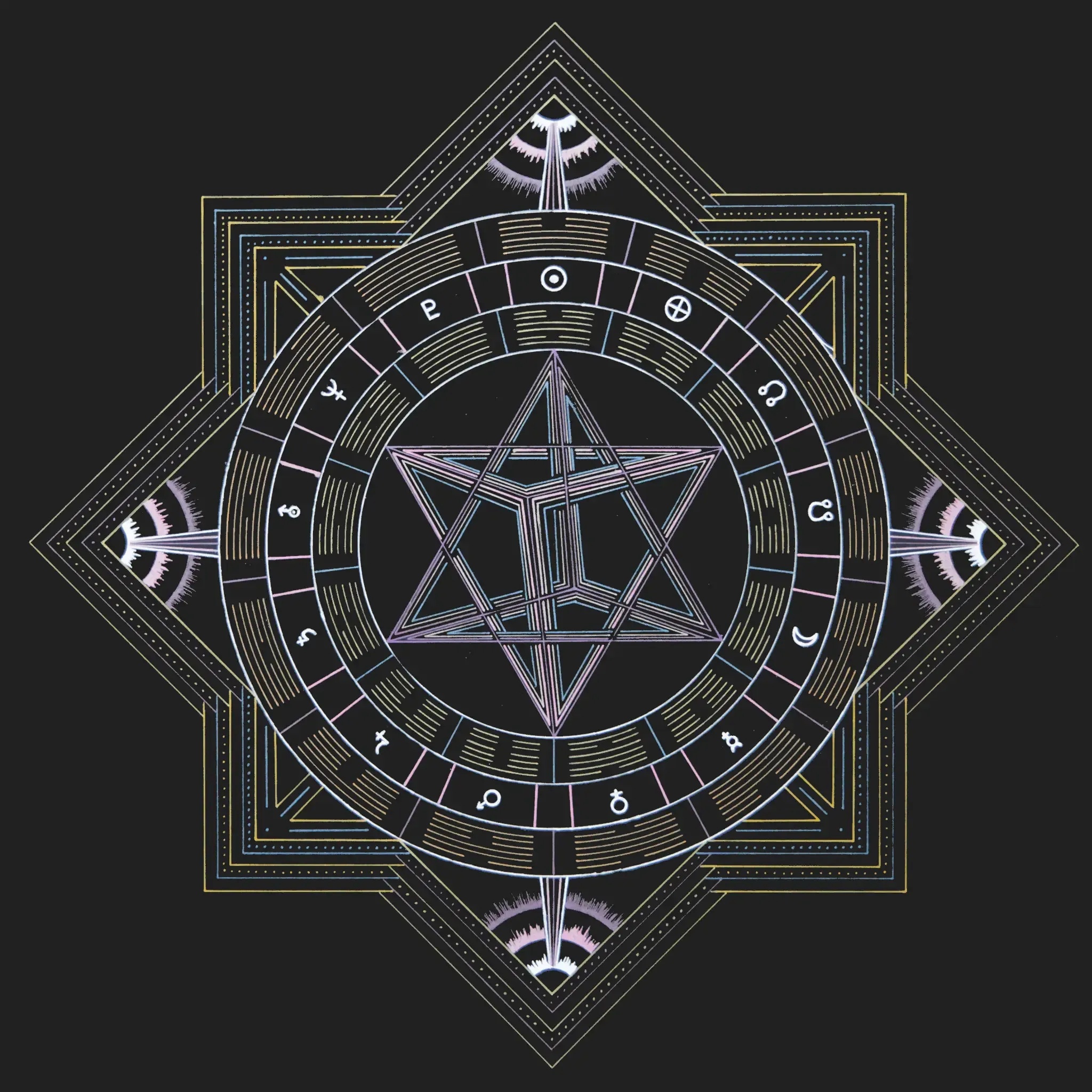 Soul Geometry 'Fire Phoenix': hand-drawn artwork on black paper, an eight-pointed star in gold and blue lines around a ring of gate symbols and a central merkaba