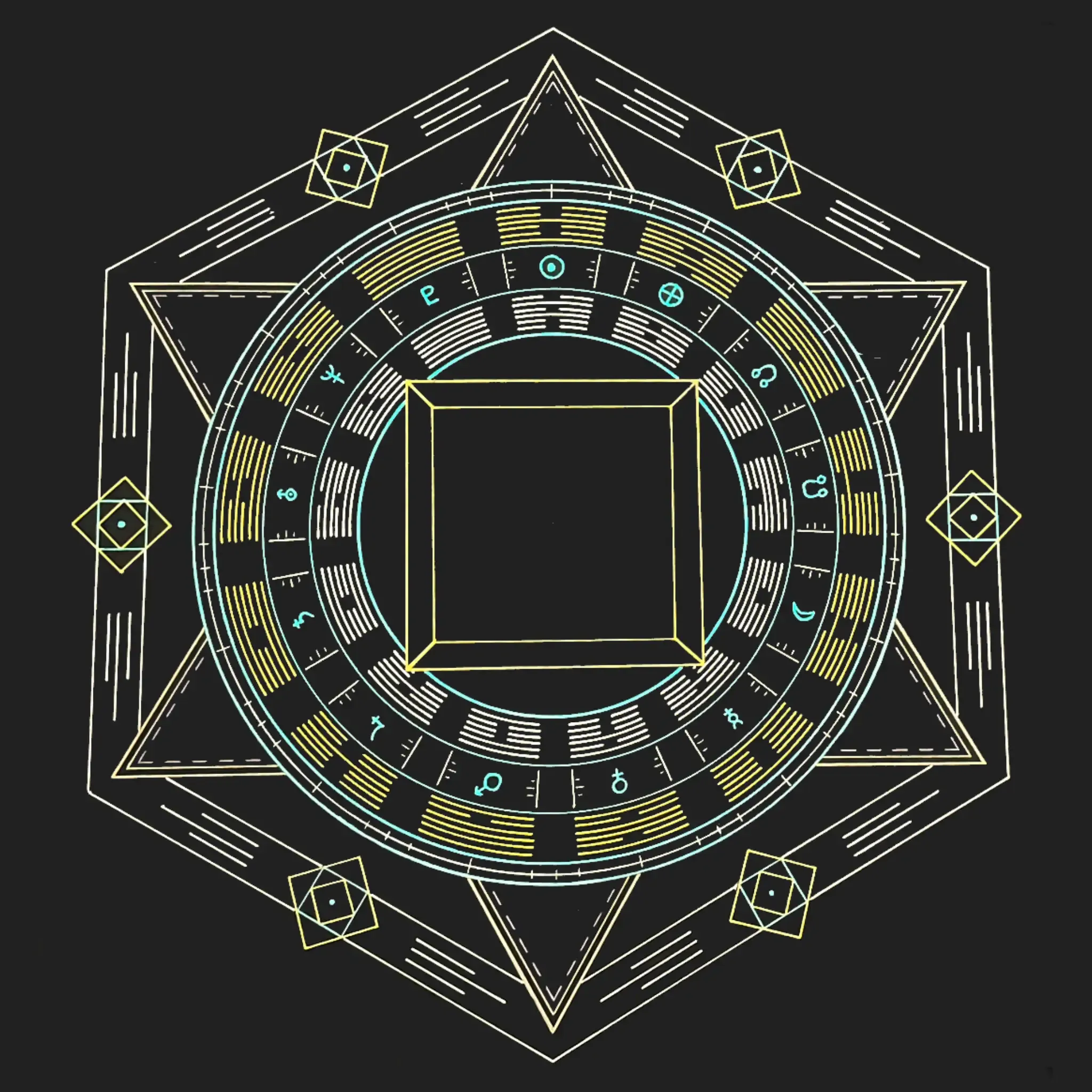 Soul Geometry 'Runes': hand-drawn Human Design chart in sacred geometry on black paper, a hexagon with a ring of cyan, yellow and white gate lines, a golden square at the centre and small squares at the corners
