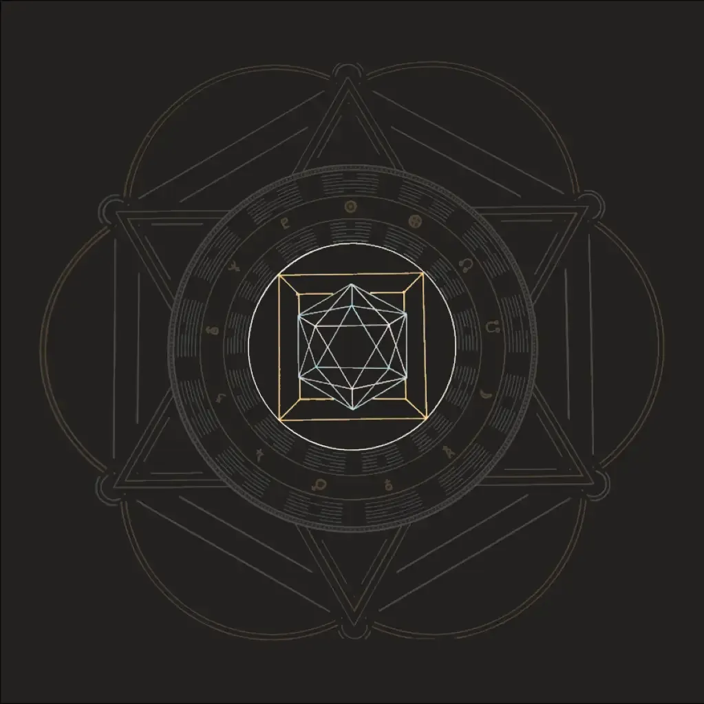 Seelengeometrie „Water Earth“ mit hervorgehobenem Ikosaeder und Würfel in der Mitte des abgedunkelten Kunstbilds