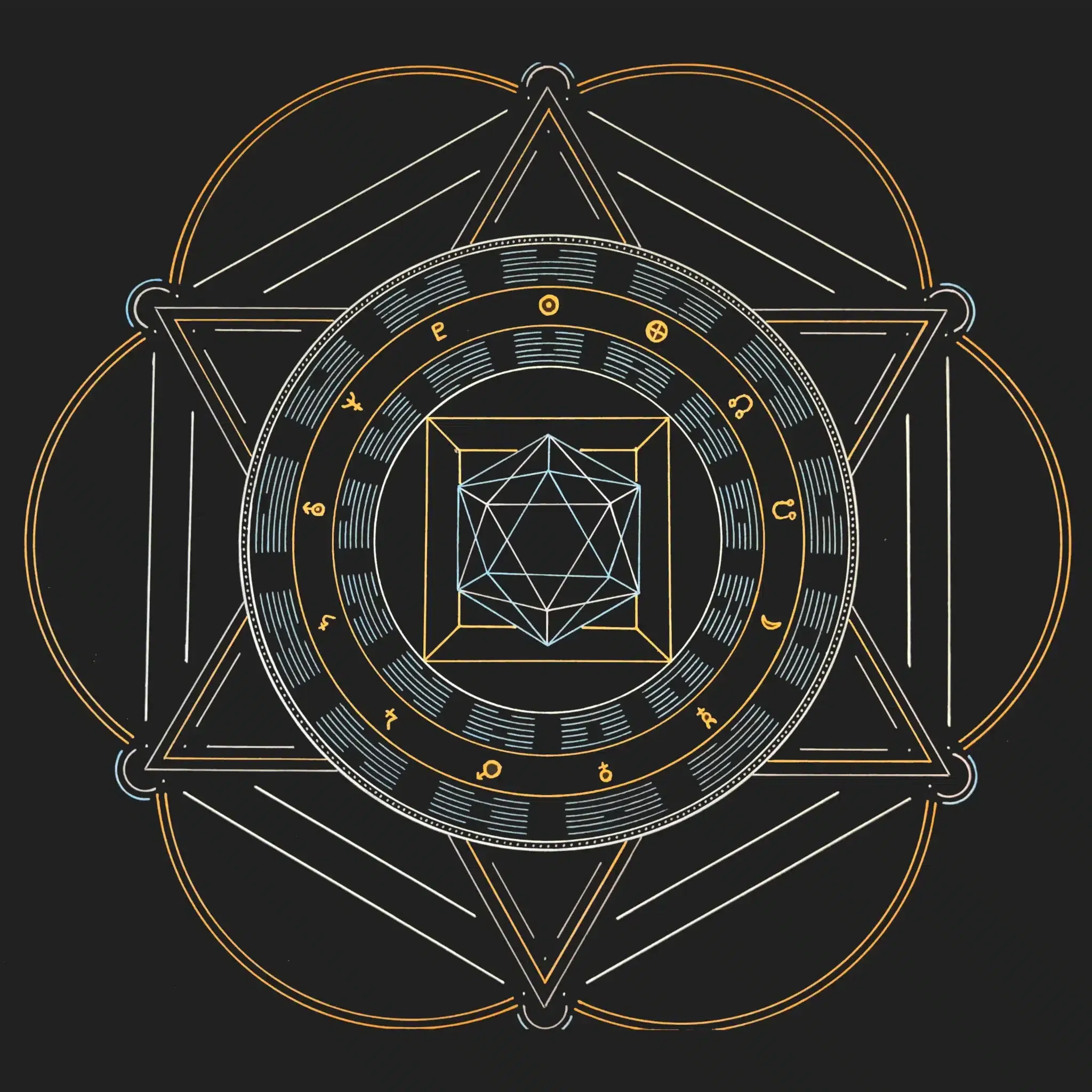 Seelengeometrie „Water Earth“: handgemaltes Kunstbild auf schwarzem Papier, ein Ikosaeder in einem Würfel, umgeben von zwei Ringen aus Hexagrammlinien, einem David-Stern und großen orangefarbenen Kreisen